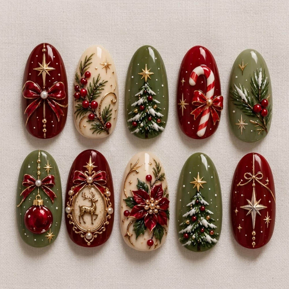 Burgundy, Sage Green and Ivory Christmas Nails with Gold Stars and Festive Details