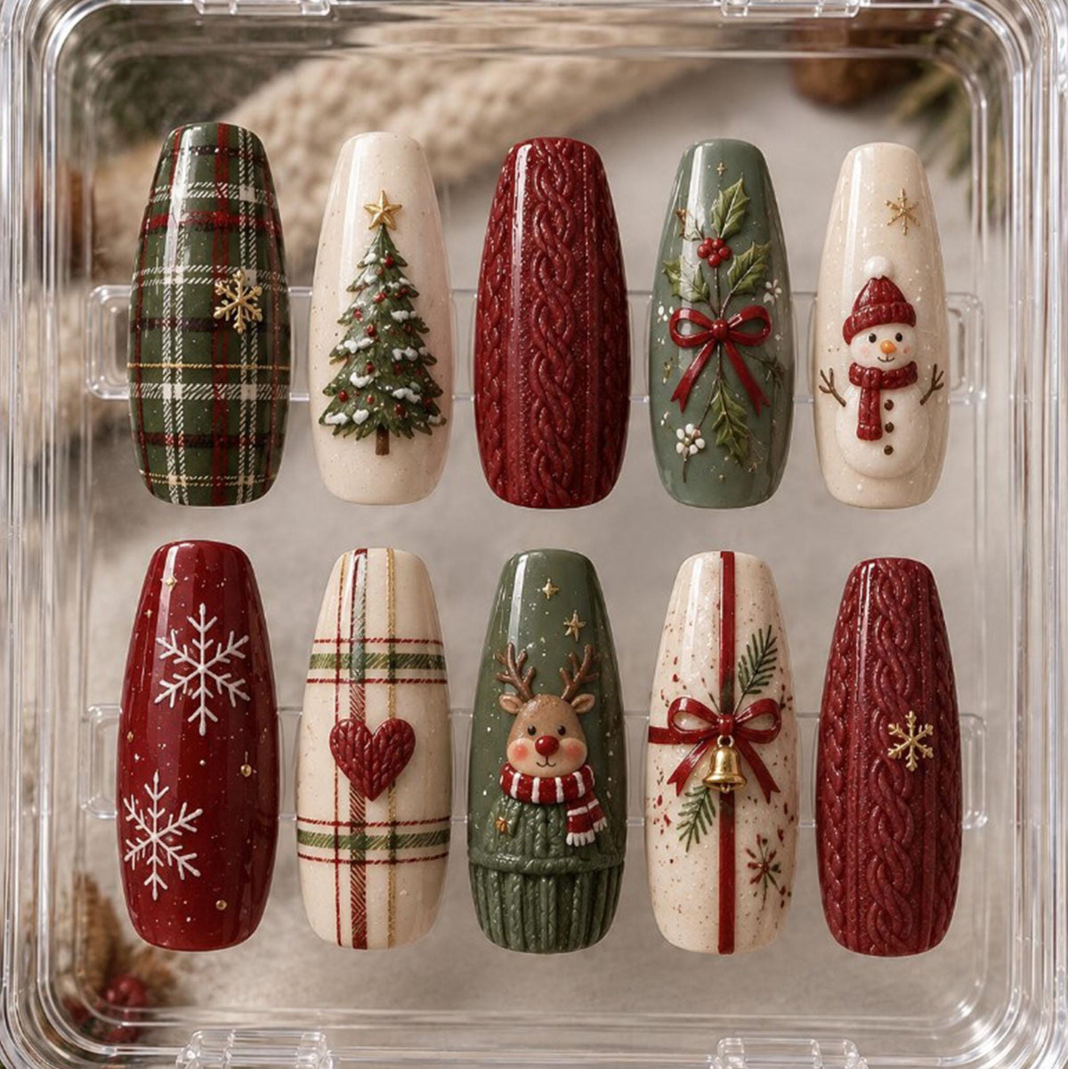 Burgundy, Sage & Ivory Christmas Nails With Plaid and 3D Holiday Details