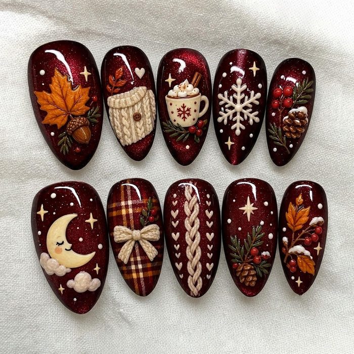 Burgundy Shimmer Christmas and Winter Press On Nails with Sweater Knit, Maple Leaves, and Cozy Motifs