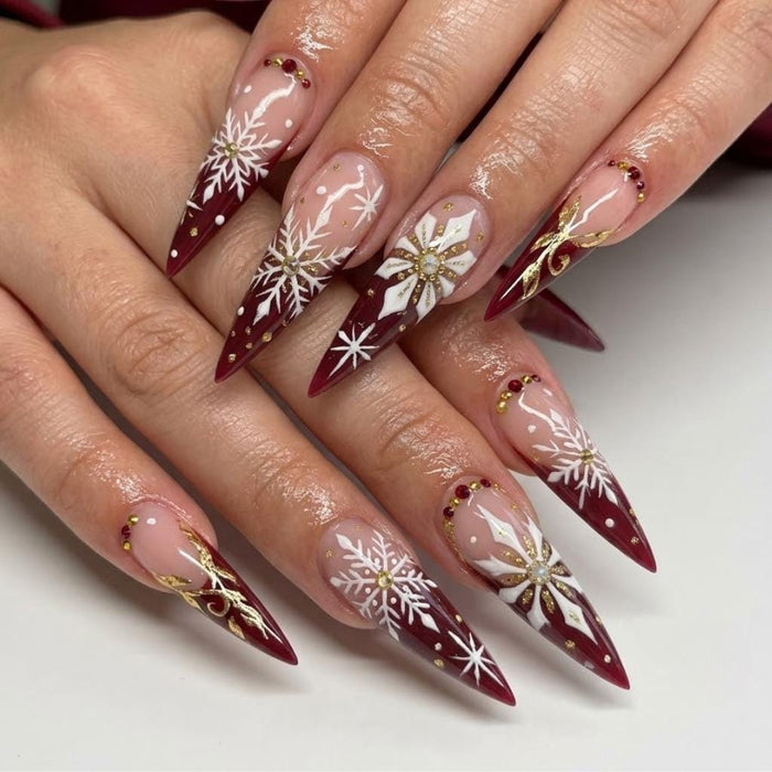 Burgundy Snowflake Christmas Press On Nails with Gold Details and Rhinestones
