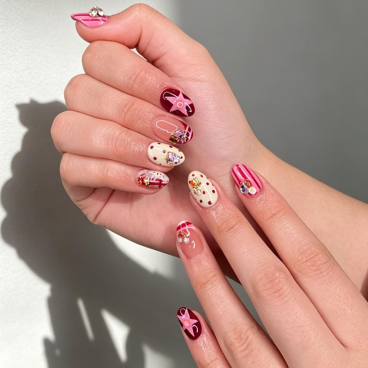 Burgundy Star, Pink Stripe and Cream Polka Dot Embellished Nail Set