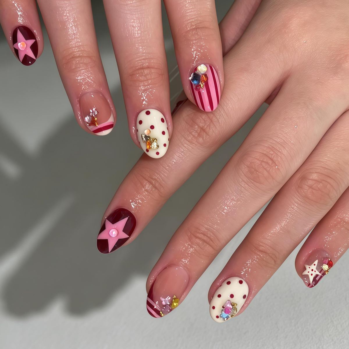 Burgundy Star, Pink Stripe and Cream Polka Dot Embellished Nail Set
