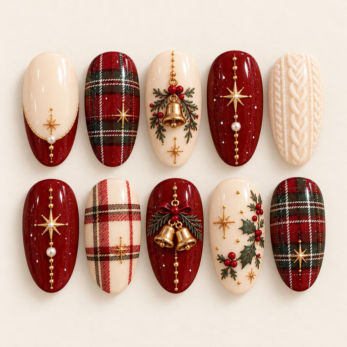 Burgundy Tartan Christmas Press On Nails with Gold Bells and Cable Knit Details