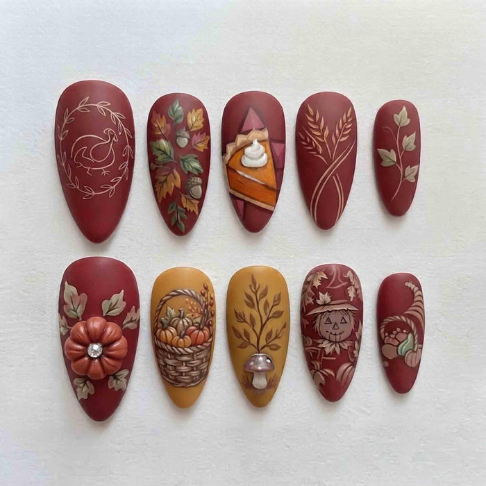 Burgundy Thanksgiving Press On Nails with Harvest Basket, Scarecrow and Pie Art