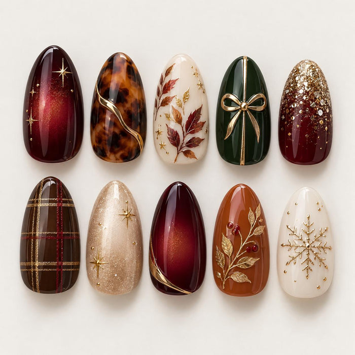Burgundy Tortoiseshell Autumn Leaf Press On Nail Set with Plaid, Gold Bow and Winter Snowflake
