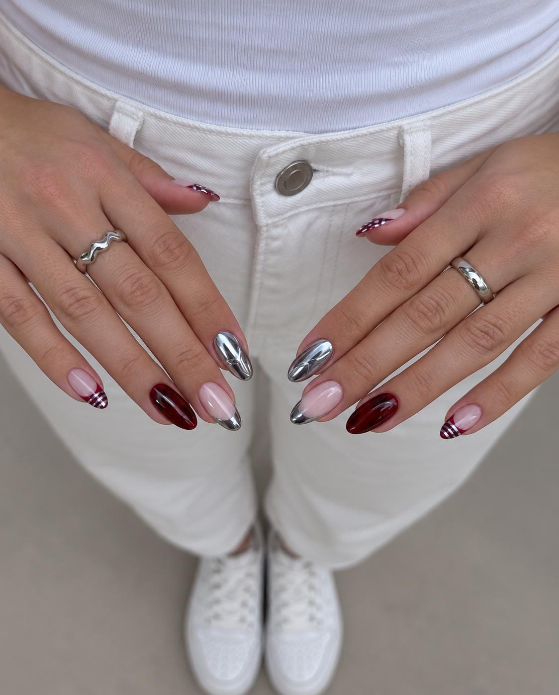 Burgundy Tortoiseshell, Silver Chrome & Plaid Fall Winter Nails