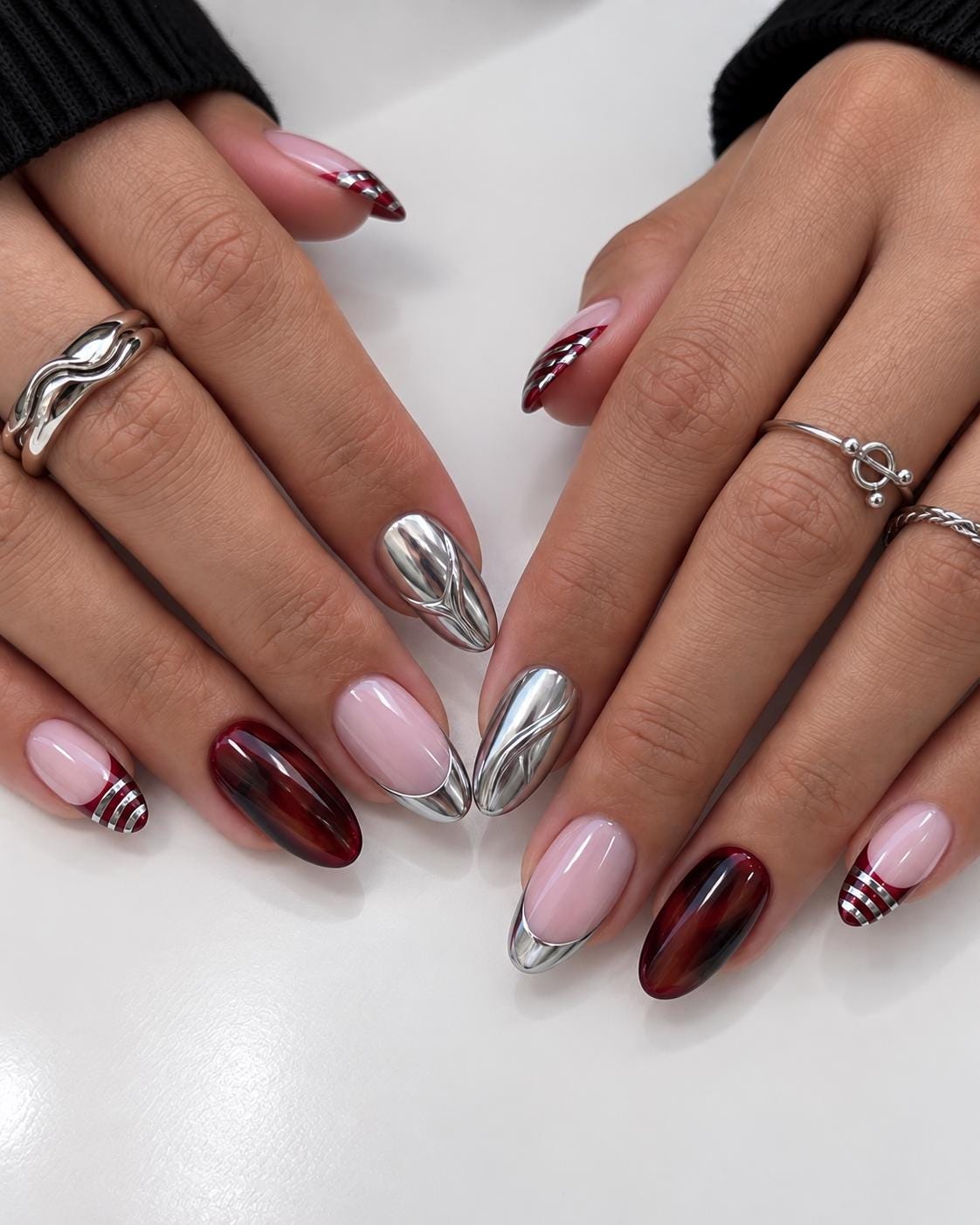 Burgundy Tortoiseshell, Silver Chrome & Plaid Fall Winter Nails