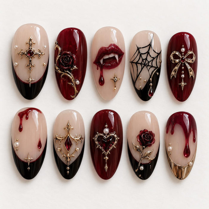 Burgundy Vampire Press On Nails with Red Roses, Black French Tips and Gold Gothic Ornaments