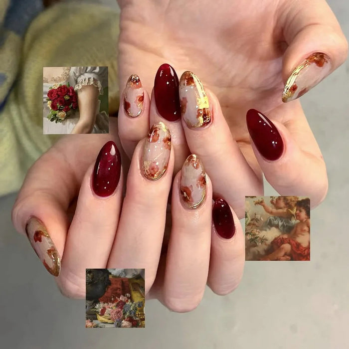 Burgundy Vintage Art Press On Nails with Gold Foil and Marbled Details
