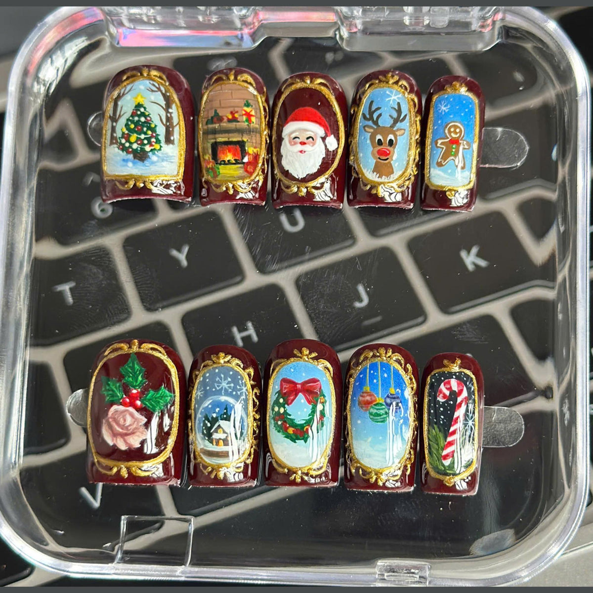 Burgundy Vintage Christmas Nail Set With Gold-Framed Holiday Scenes