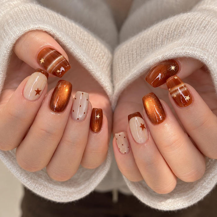 Burnt Orange and Brown Cat Eye Star Press On Nail Set for Autumn