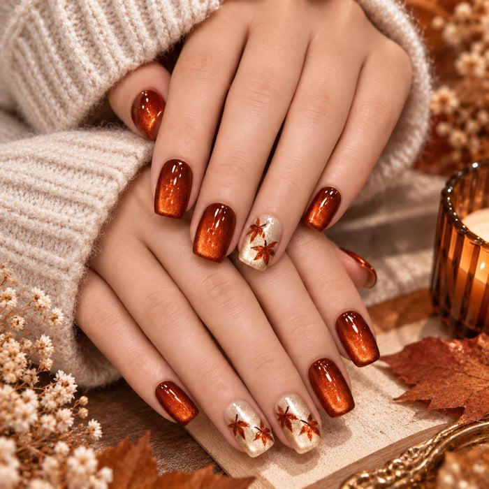 Burnt Orange and Copper Cat Eye Press On Nails With Autumn Leaf Accents