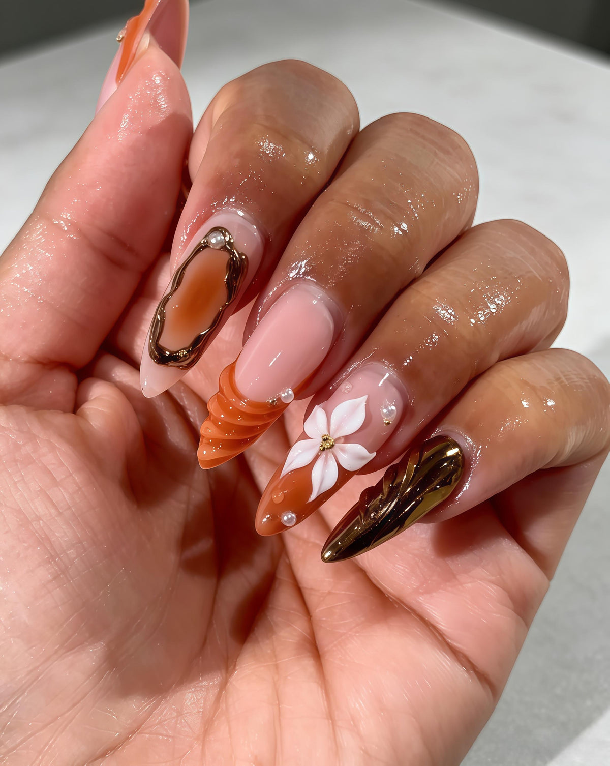 Burnt Orange Floral Press On Nails With Gold Outlines, Pearls & Rhinestones