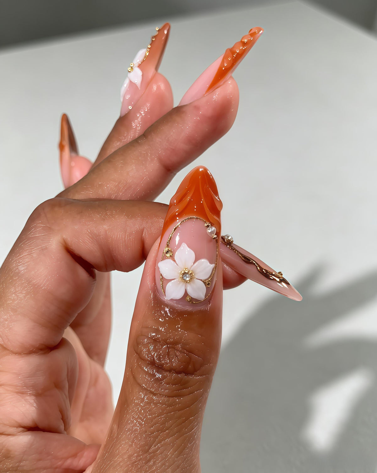 Burnt Orange Floral Press On Nails With Gold Outlines, Pearls & Rhinestones