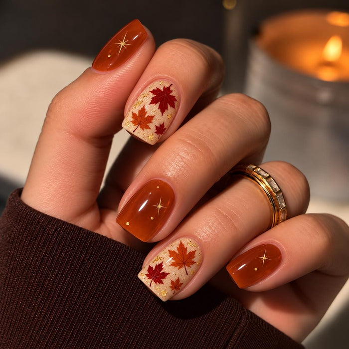 Burnt Orange Maple Leaf Press On Nails with Gold Glitter for Thanksgiving