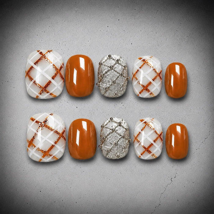 Burnt Orange Plaid Fall Press On Nails with Textured Silver Accents