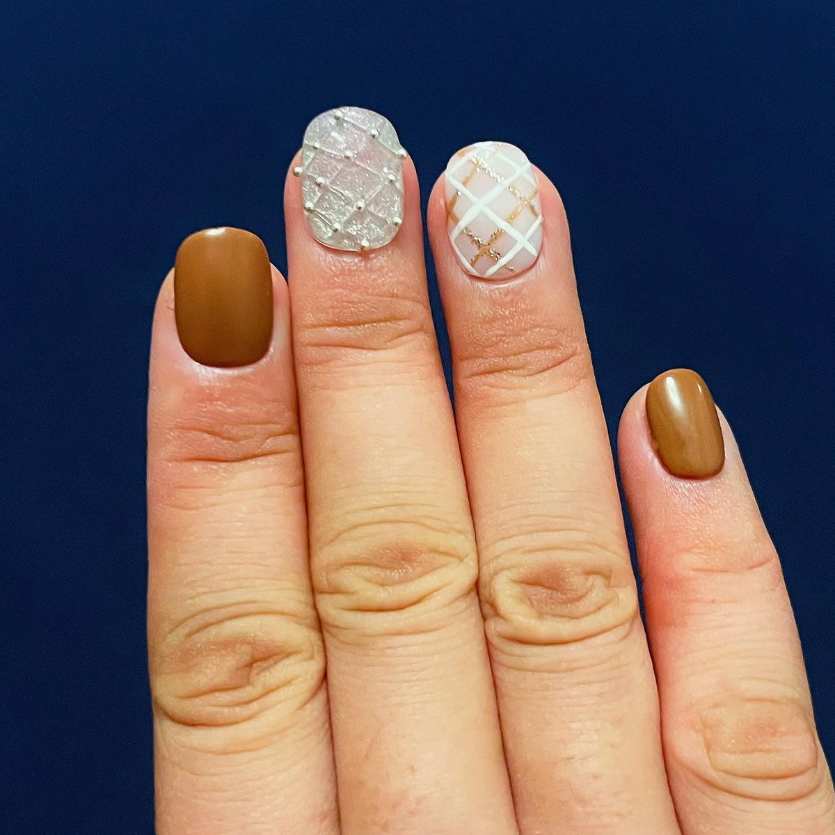 Burnt Orange Plaid Fall Press On Nails with Textured Silver Accents