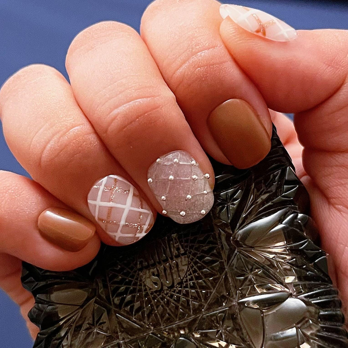 Burnt Orange Plaid Fall Press On Nails with Textured Silver Accents