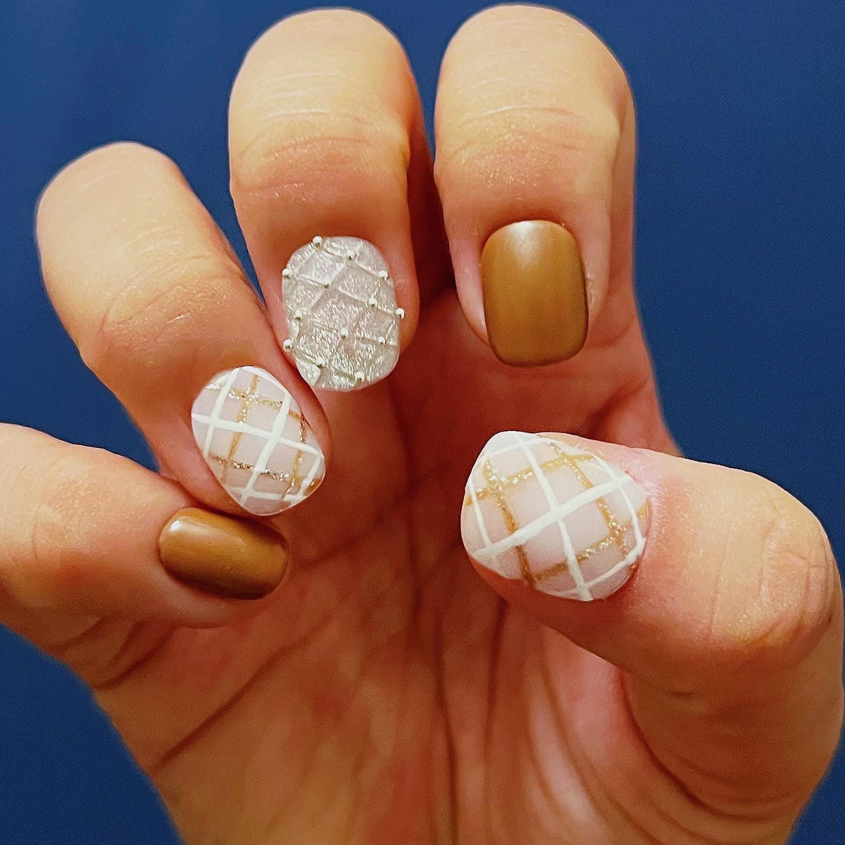 Burnt Orange Plaid Fall Press On Nails with Textured Silver Accents