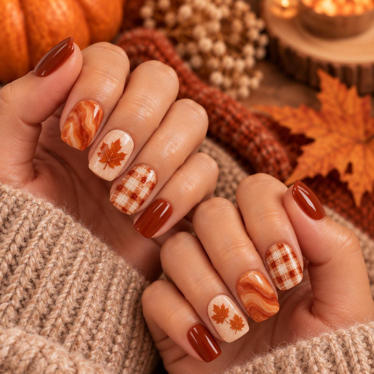 Burnt Orange Plaid, Maple Leaf, and Amber Marble Fall Nail Set