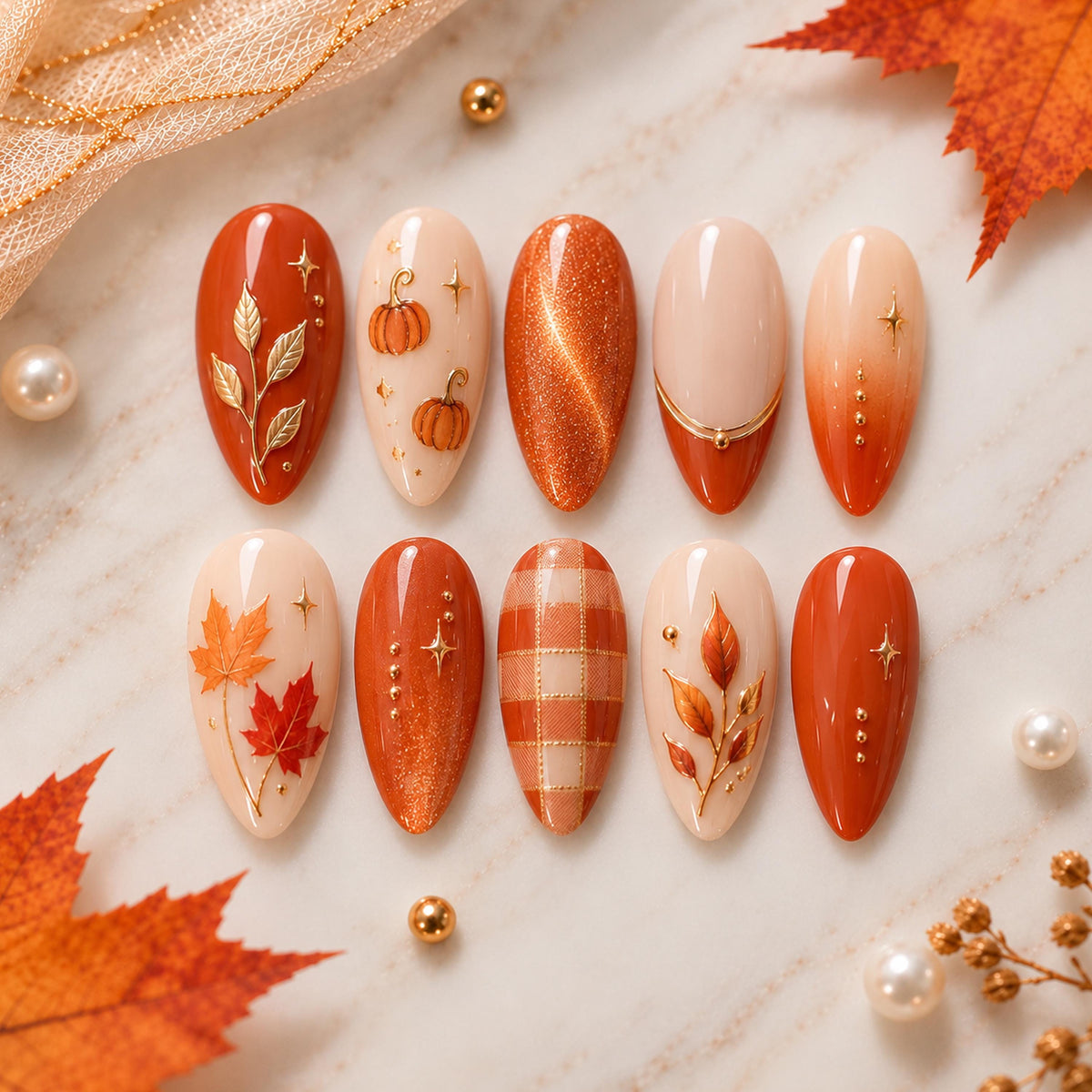 Burnt Orange Pumpkin and Autumn Leaf Press-On Nail Set