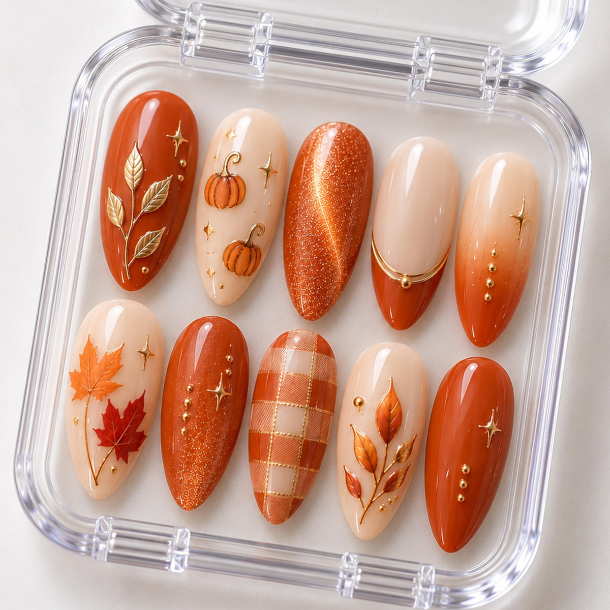 Burnt Orange Pumpkin and Autumn Leaf Press-On Nail Set