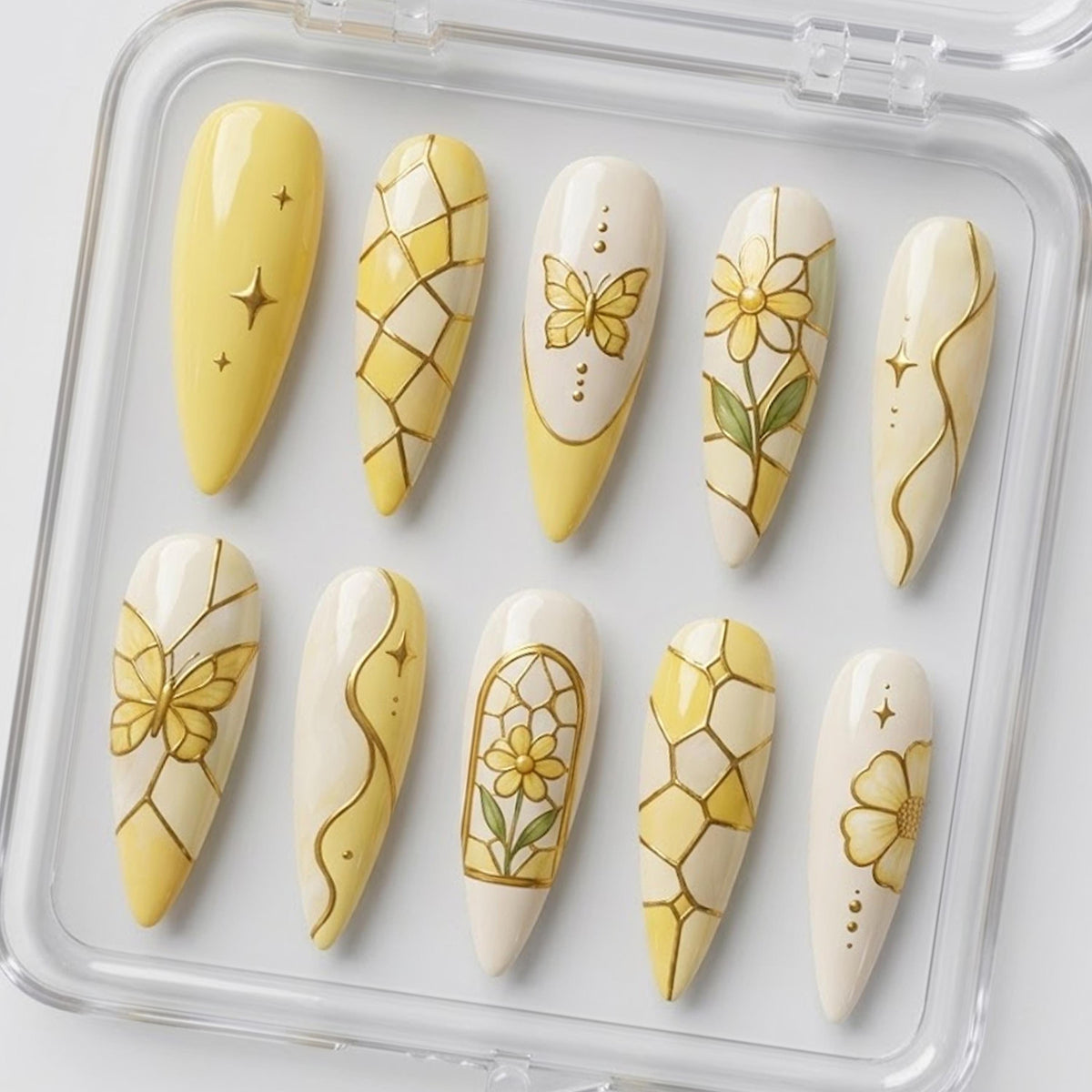 Butter Yellow and Ivory Stained Glass Butterfly Floral Nail Set