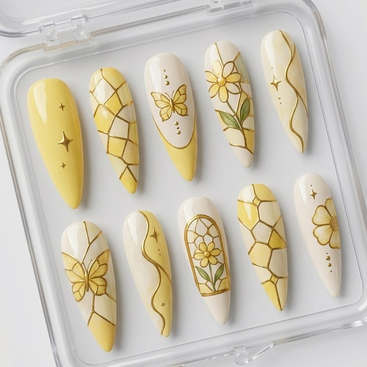 Butter Yellow and Ivory Stained Glass Butterfly Floral Nail Set