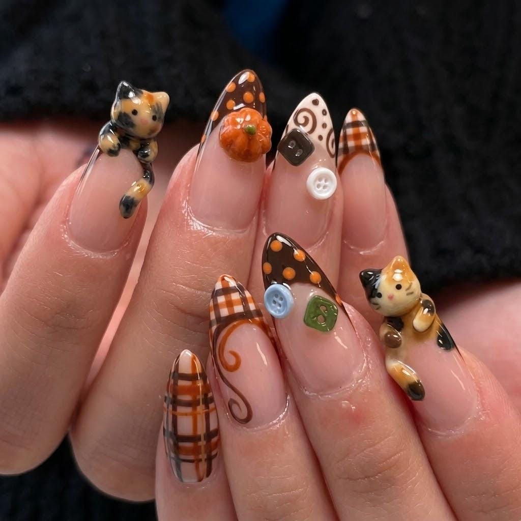 Calico Cat and Pumpkin Fall Harvest Plaid Press On Nails with Polka Dots and 3D Buttons