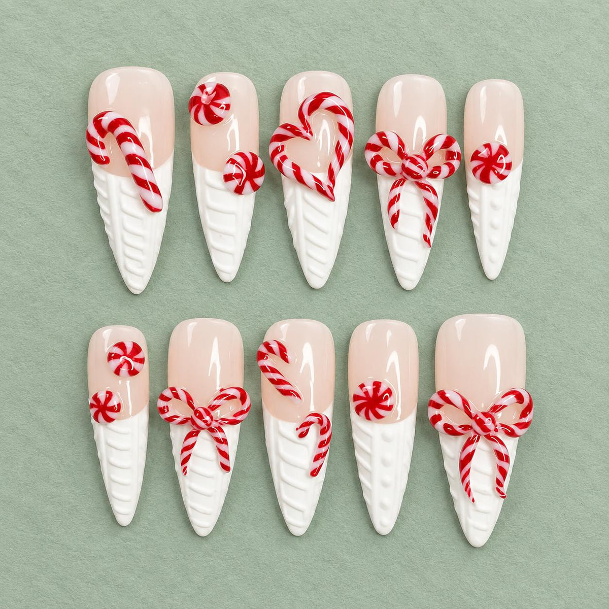 Candy Cane and Peppermint Christmas Nails With Raised Sweater Tips and Bows