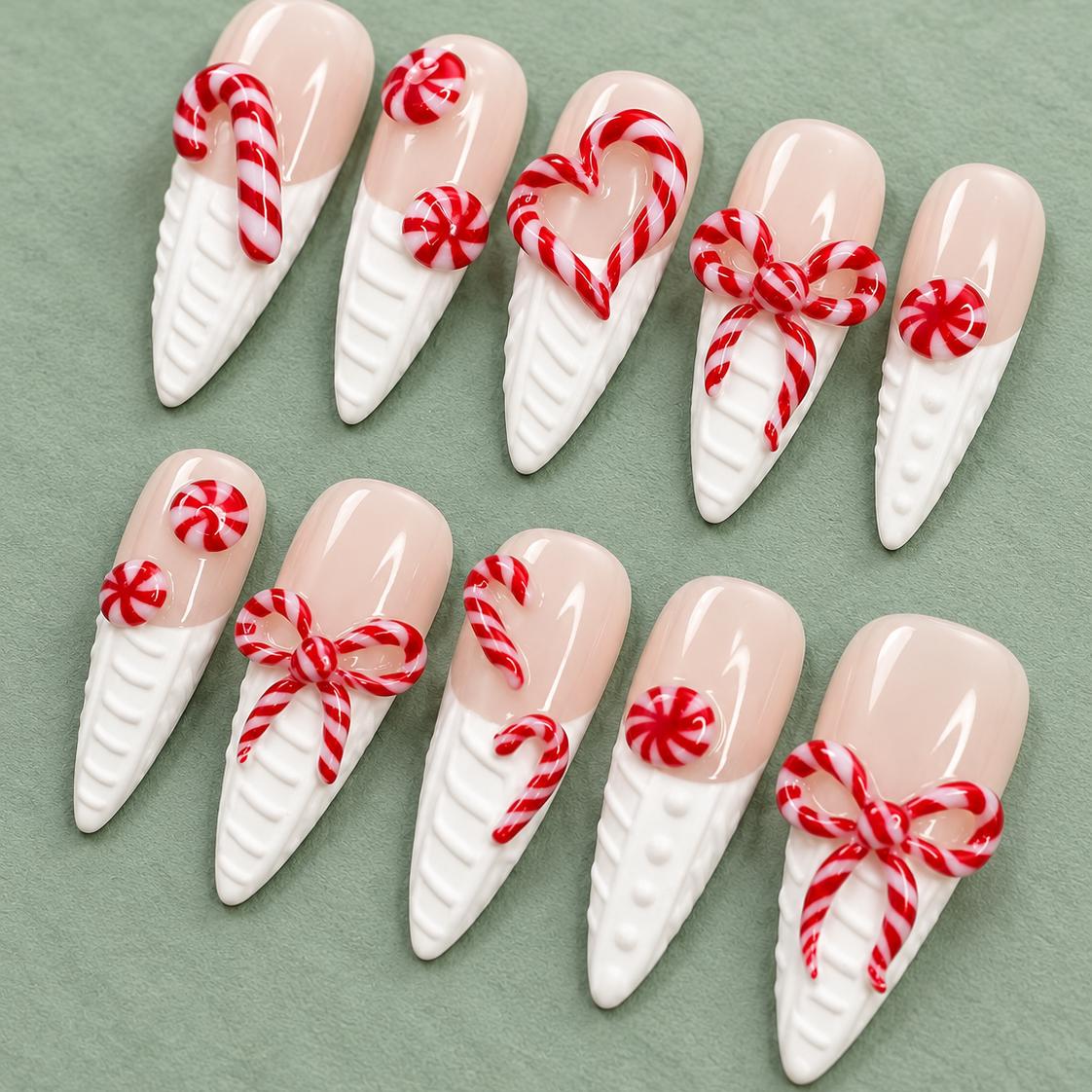Candy Cane and Peppermint Christmas Nails With Raised Sweater Tips and Bows