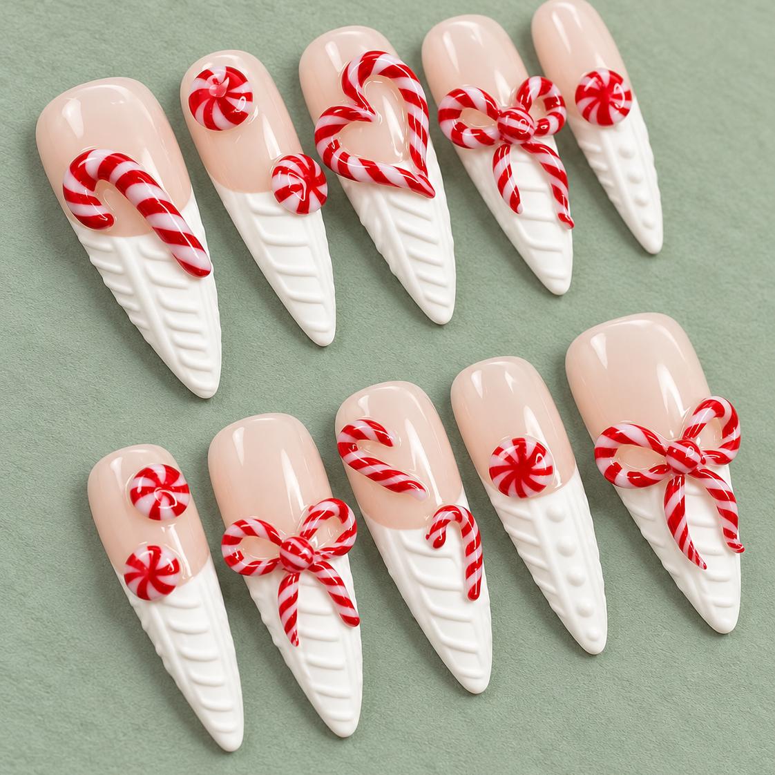 Candy Cane and Peppermint Christmas Nails With Raised Sweater Tips and Bows