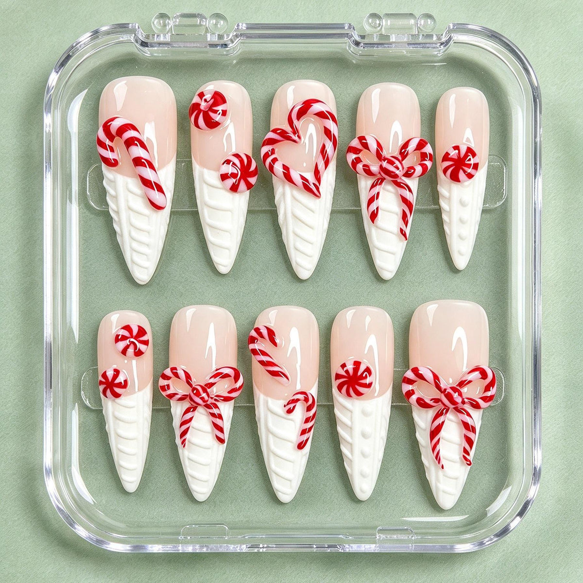 Candy Cane and Peppermint Christmas Nails With Raised Sweater Tips and Bows