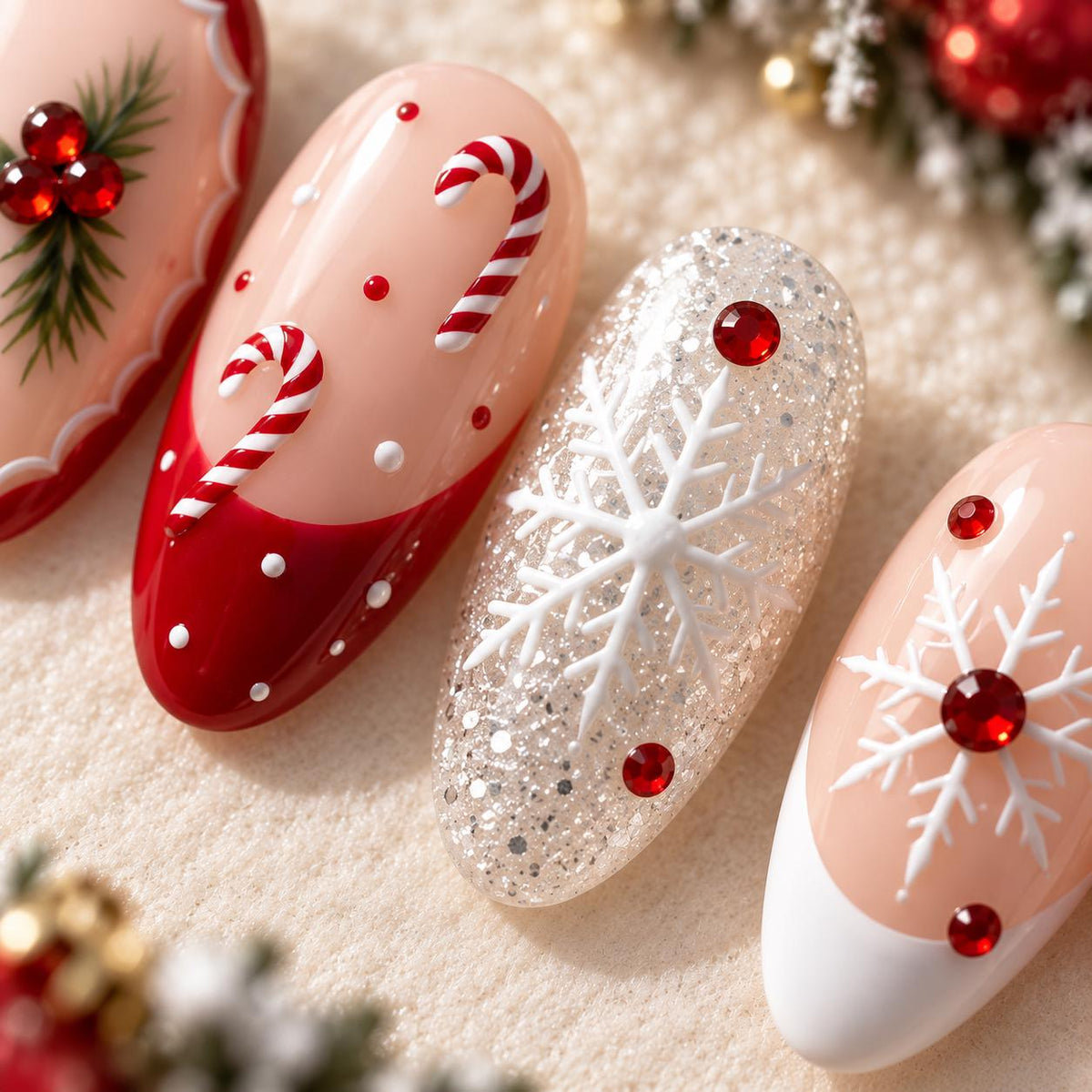 Candy Cane and Snowflake Christmas Press-On Nail Set