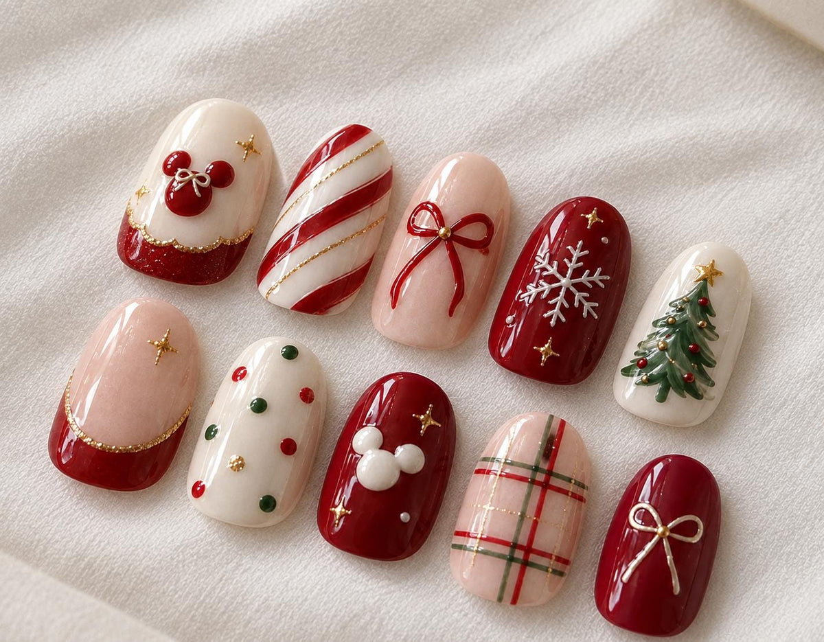 Candy Cane, Bow, and Snowflake Christmas Nail Set