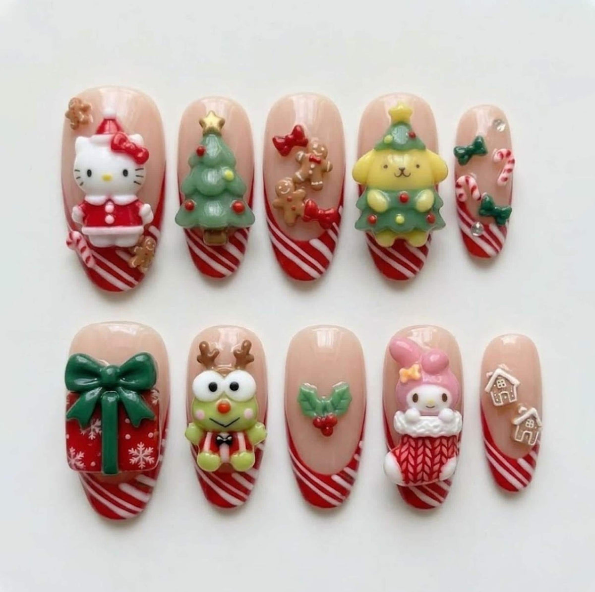 Candy Cane French Tip Christmas Nails with 3D Holiday Characters