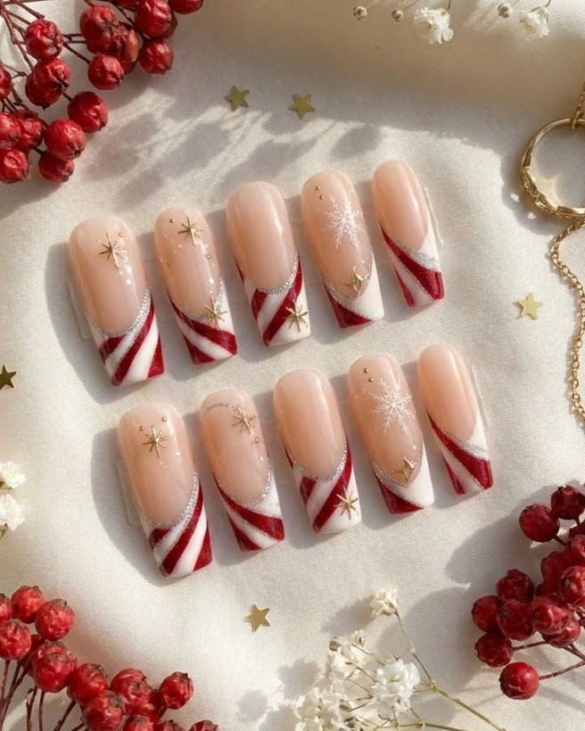 Candy Cane Stripe Christmas Nails with Silver Glitter and Gold Starbursts