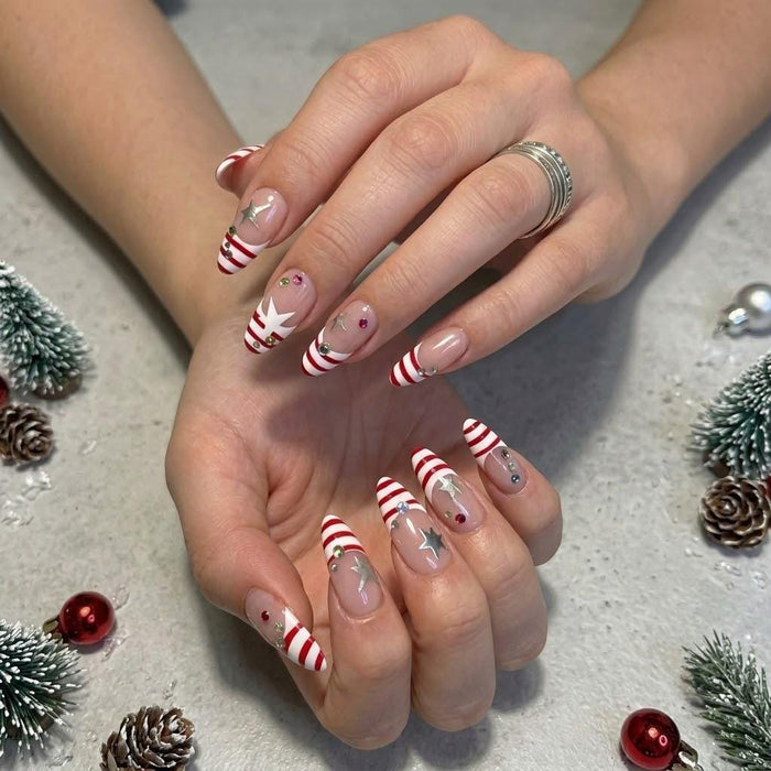 Candy Cane Stripe French Tip Christmas Press On Nails with Silver Stars and Rhinestone Details