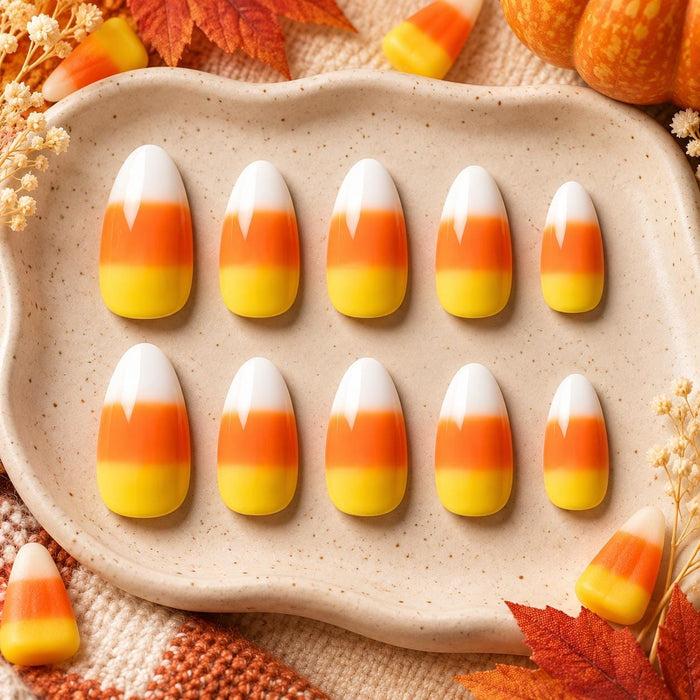 Candy Corn Halloween Press On Nails in White, Orange and Yellow