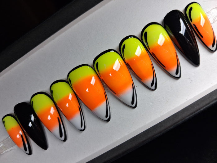 Candy Corn Halloween Press On Nails With Black Line Art