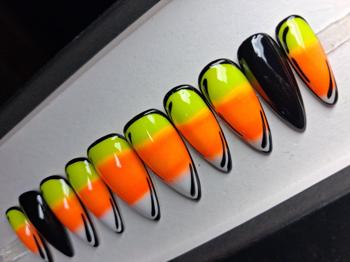 Candy Corn Halloween Press On Nails With Black Line Art