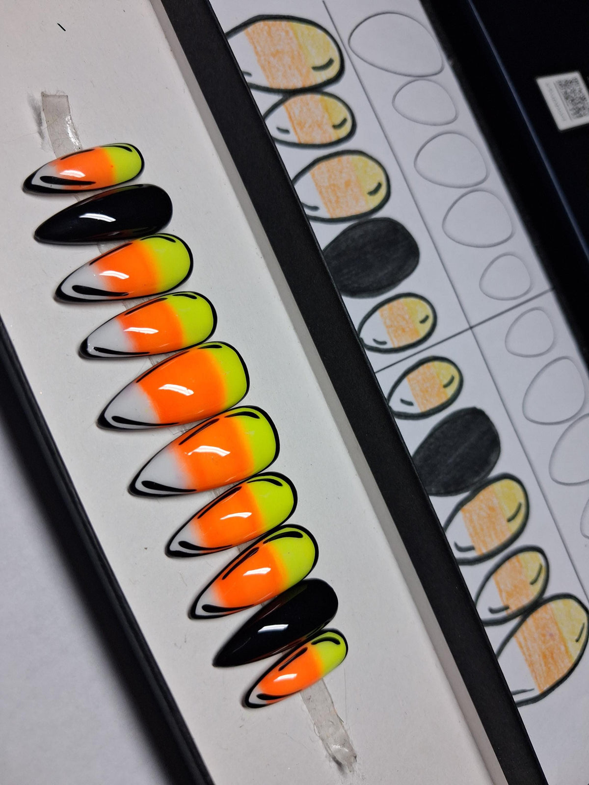 Candy Corn Halloween Press On Nails With Black Line Art