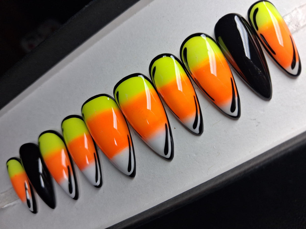 Candy Corn Halloween Press On Nails With Black Line Art