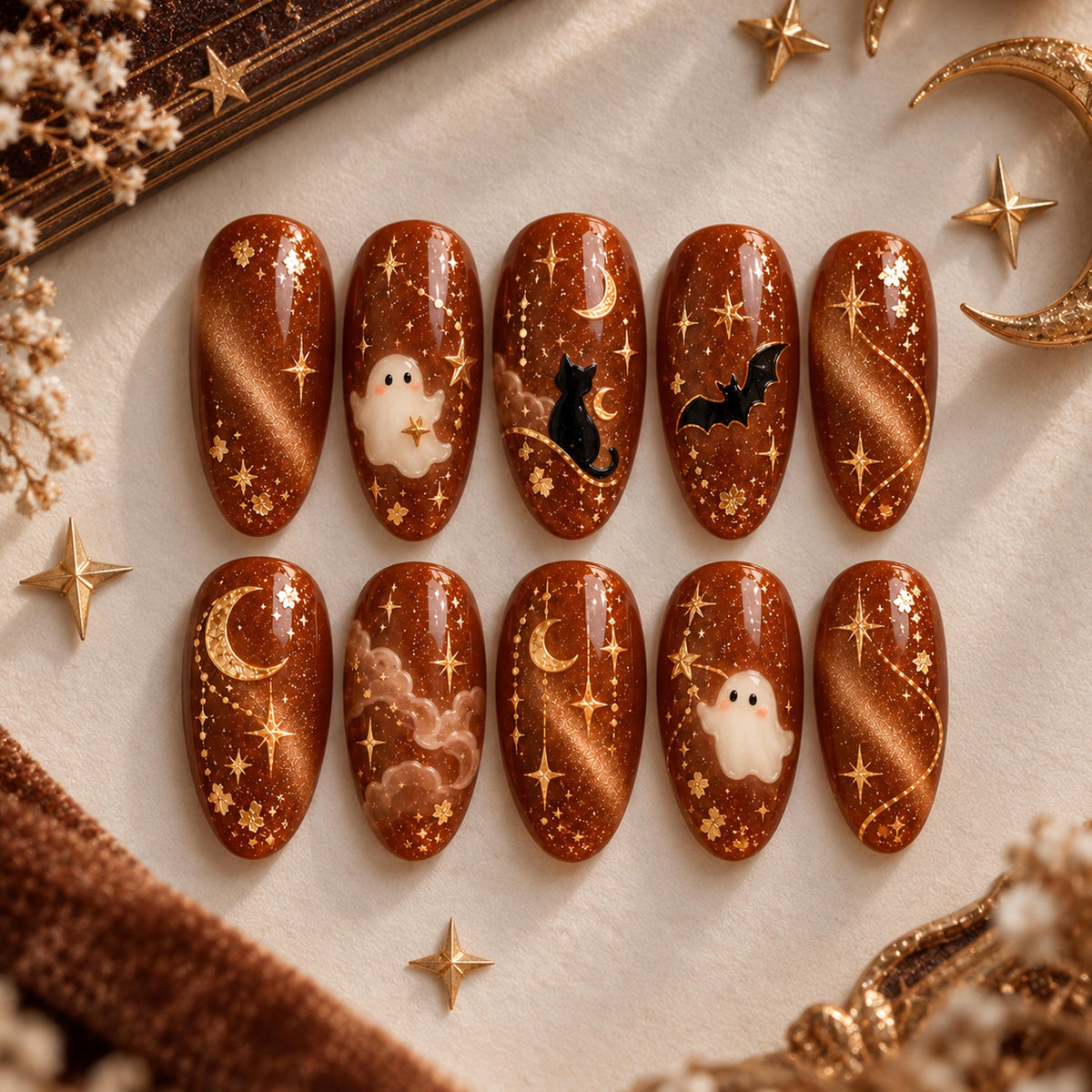 Caramel Copper Halloween Nails With Ghosts, Cats, Bats, and Celestial Stars