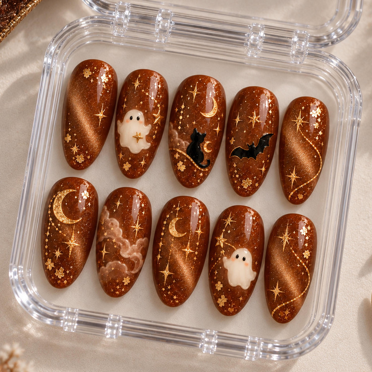 Caramel Copper Halloween Nails With Ghosts, Cats, Bats, and Celestial Stars