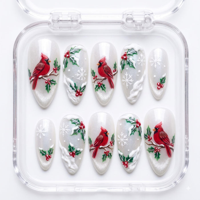 Cardinal Christmas Press On Nails With Holly, Red Berries, and Snowflakes
