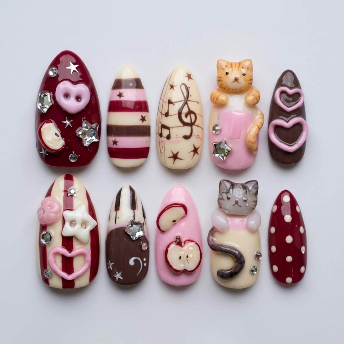 Cat and Music-Themed 3D Press On Nails With Burgundy Stripes, Apples and Rhinestones