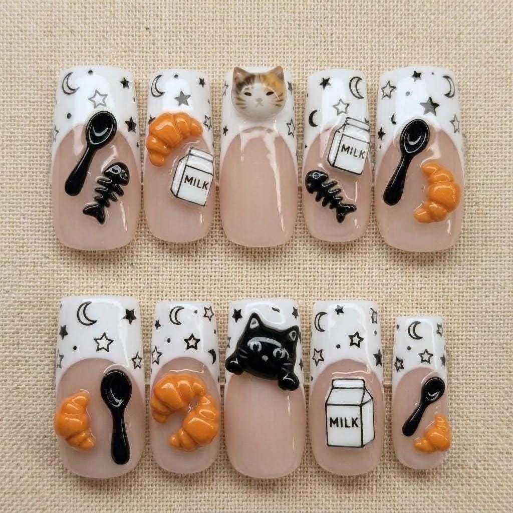 Cat Bakery French Tip Nail Set With 3D Croissants, Milk Cartons, Moons & Stars