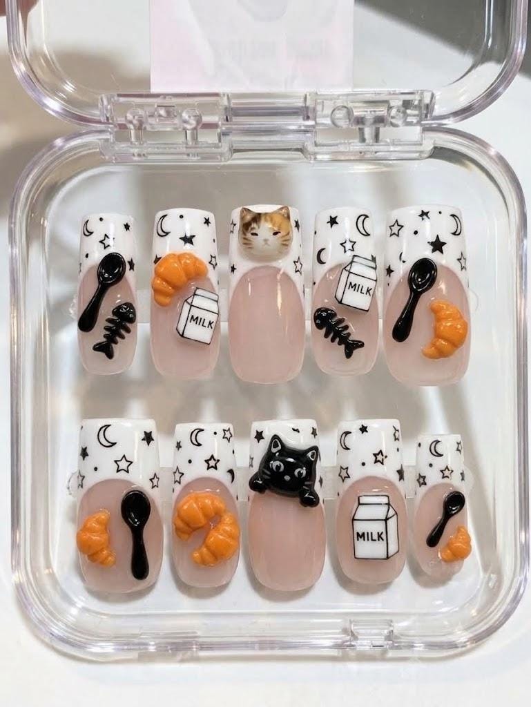 Cat Bakery French Tip Nail Set With 3D Croissants, Milk Cartons, Moons & Stars