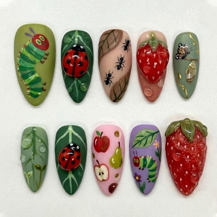 Caterpillar, Ladybug and Strawberry Insect & Fruit Press On Nail Set
